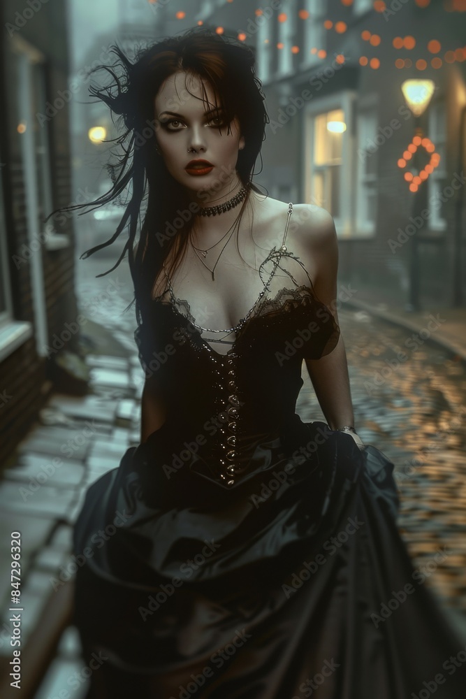 Goth style inspired woman, outdoor, street backlit fashion and make-up portrait shoot. Gothic, Goth, Emo, New Wave, Dark style fashion. Dark smokey make-up, red lipstick. Dramatic. Elegant. Goth style inspired woman, outdoor, street backlit fashion and make-up portrait shoot. Gothic, Goth, Emo, New Wave, Dark style fashion. Dark smokey make-up, red lipstick. Dramatic. Elegant.