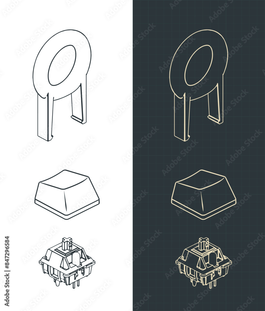 Mechanical keyboard switche keycap and key puller isometric blueprints ...