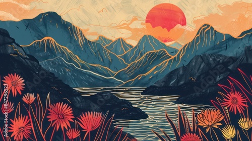 A tranquil scene capturing mountains with a river flowing in the foreground under a sunset sky, surrounded by flora photo