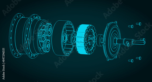 Disassembled bicycle wheel hub motor illustration