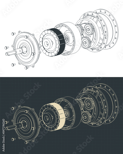 Disassembled bicycle wheel hub motor illustrations