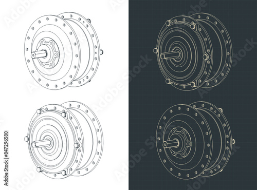 Hub motor for bicycle wheel isometric blueprints