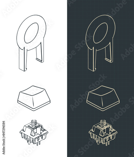 Mechanical keyboard switche keycap and key puller isometric blueprints