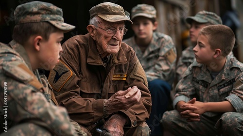 This image depicts a war veteran participating in a Memorial Day parade, where their presence commands respect and admiration from the crowd. The veteran's dignified demeanor