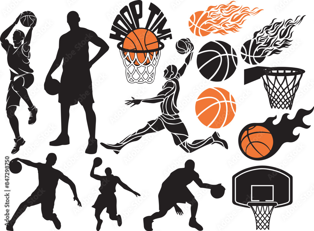 Fototapeta premium Basketball Player SVG, Basketball Silhouette, Basketball Clipart, Basketball Ball SVG, Basketball Goal SVG, Basketball Net Svg, Hoop Svg