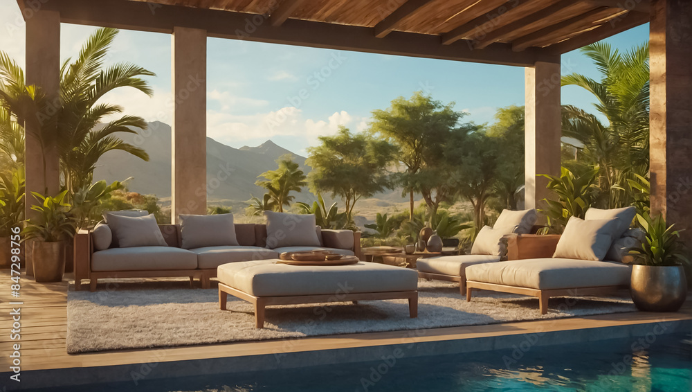 Fototapeta premium Beautiful recreation area with furniture in nature, summer near the house