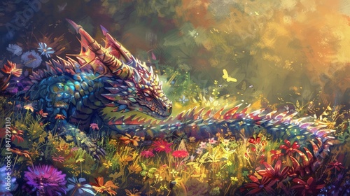 Dragon nestled in a flowerfilled meadow, surrounded by vibrant colors and gentle butterflies, basking in the warm sunlight © Digital Darinee