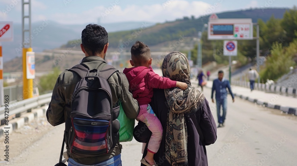 Naklejka premium Migrant Family at Border Checkpoint