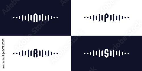 Set letter with pulse music player element. Audio wave logo design. Premium Vector