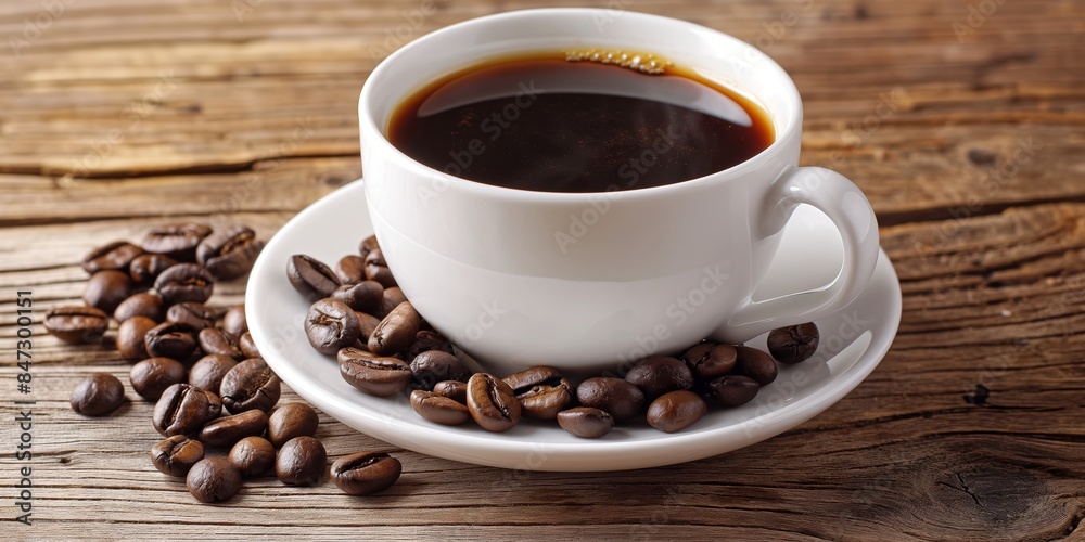 A simple white cup filled with black coffee among roasted beans on an aged wooden background A simple white cup filled with black coffee among roasted beans on an aged wooden background