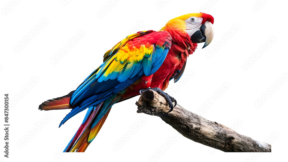 Fototapeta premium Scarlet Macaw parrot sitting on a branch isolated on a transparent background, PNG, Ai