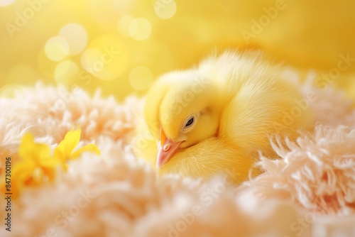 A young duckling nestled comfortably among soft fur-like fabric with a yellow flower nearby photo