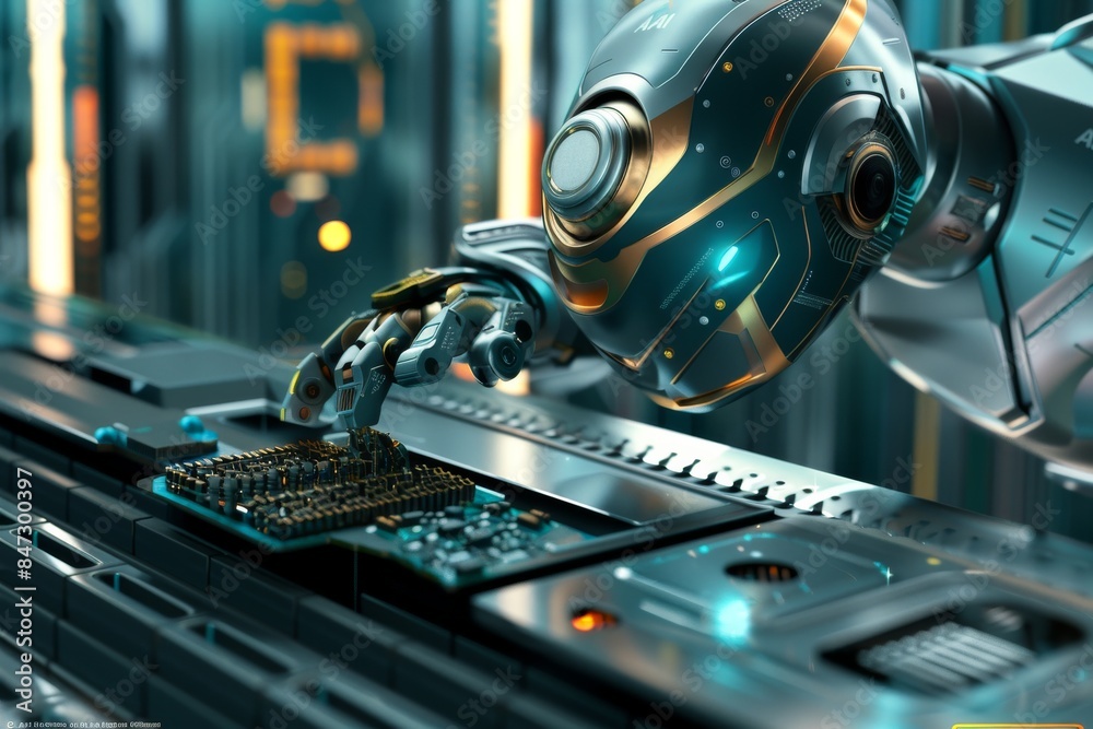 Robot assembling AI microchips in a high tech lab, showcasing advanced technology, innovation, and precision engineering in a futuristic, sterile environment Robot assembling AI microchips in a high tech lab, showcasing advanced technology, innovation, and precision engineering in a futuristic, sterile environment