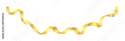Shiny yellow, golden serpentine ribbon with curls isolated on a white background. Hand drawn watercolor illustration. Decorative decoration for Christmas, birthday, design, cards, invitations