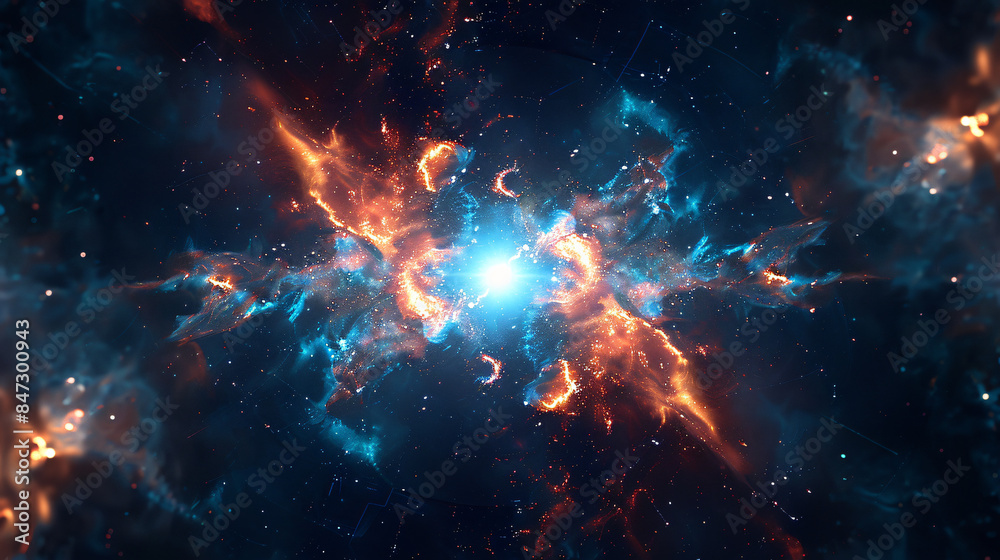 Vibrant blue and orange nebula clouds with a luminous center Vibrant blue and orange nebula clouds with a luminous center