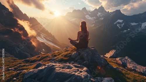 The picture of the young or adult female human doing the yoga pose for relaxation or meditating the mind in the middle of the nature under the bright sun in the daytime of a dawn or dusk day. AIGX03. #847300906