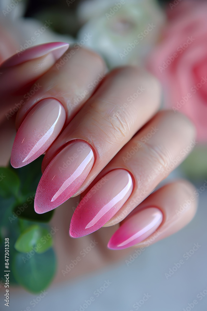 Stylish long oval nails with trendy 70s-inspired pink ombre for retro fashion statement Stylish long oval nails with trendy 70s-inspired pink ombre for retro fashion statement