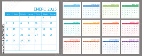 Spanish calendar planner 2025 year, schedule month calender, organizer template. Week starts on Monday. Business personal page for Spain. Modern simple vector illustration