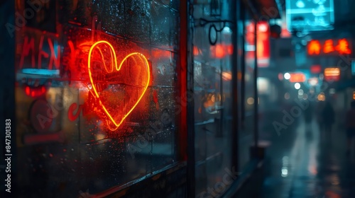 A neon heart is lit up in a window of a building