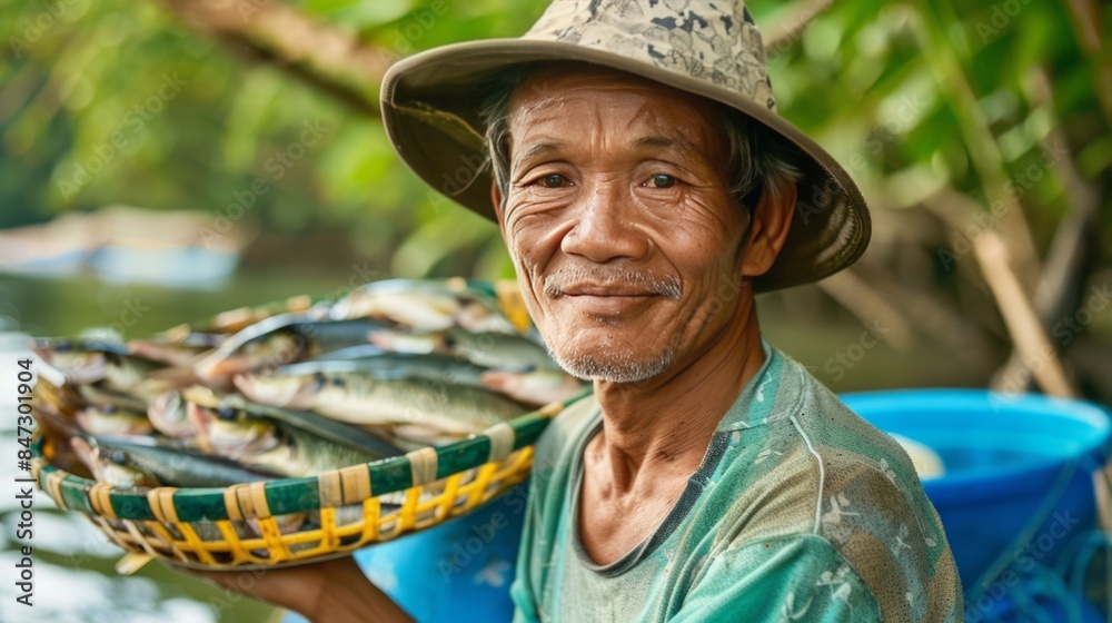 Fototapeta premium Inland Fisherman with Catch