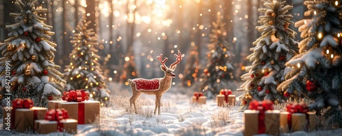 Christmas background with reindeer wearing red photo