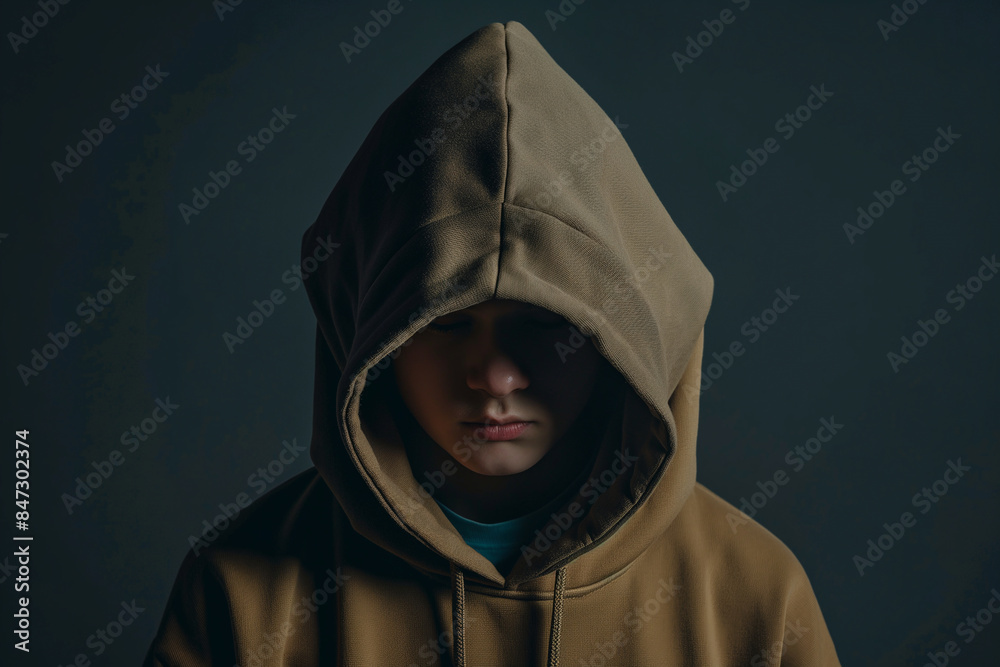 A young boy wearing a brown hoodie sweatshirt with his face partially hidden by the hood looking down with a serious expression A young boy wearing a brown hoodie sweatshirt with his face partially hidden by the hood looking down with a serious expression