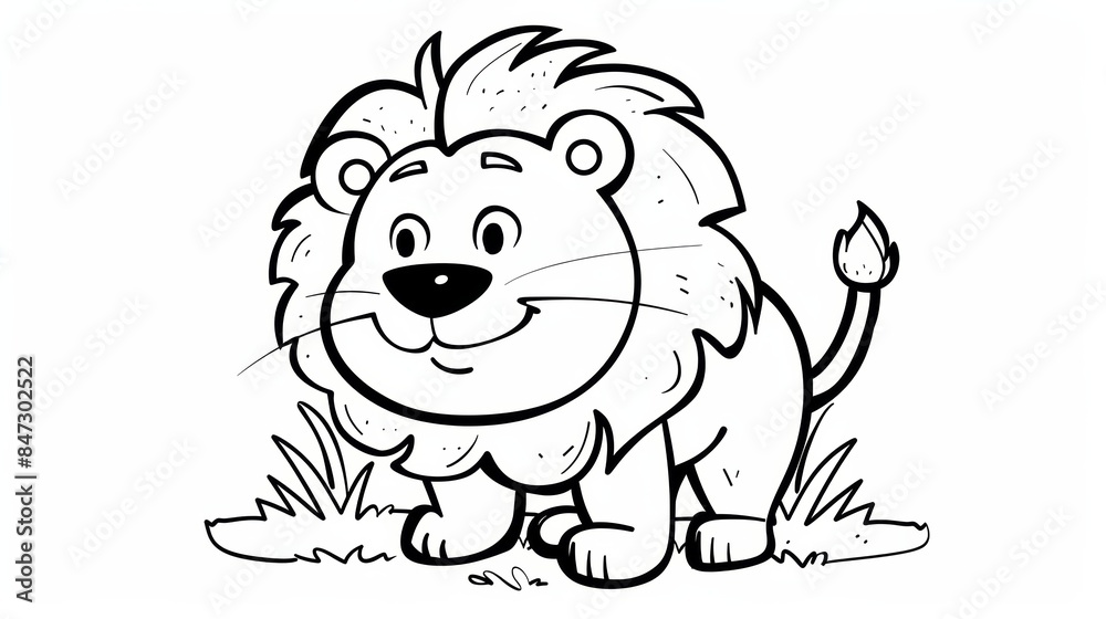 A cartoon lion is standing in the grass coloring page, AI A cartoon lion is standing in the grass coloring page, AI