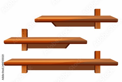 Brown wooden floating shelves isolated on a white background. Minimalist shelving unit with simple design. Concept of home decor, organization, storage, furniture, interior design