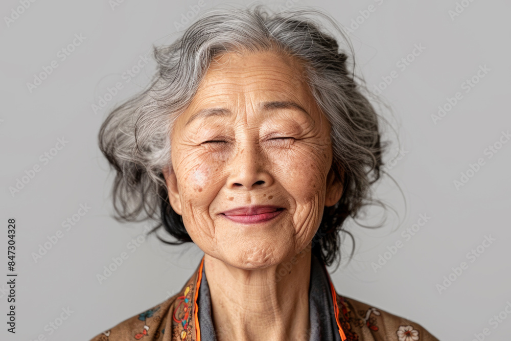 Joyful Elderly Woman Smiling with Eyes Closed Joyful Elderly Woman Smiling with Eyes Closed