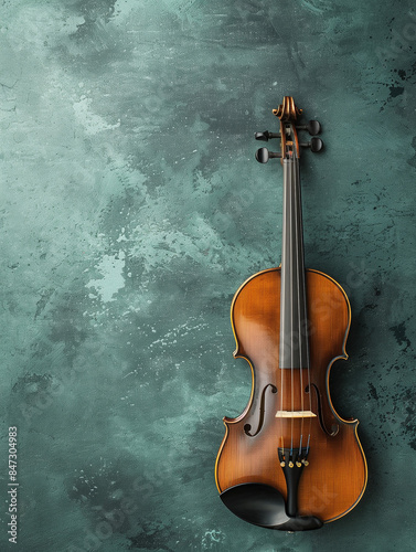 A vintage antique violin or fiddle on a turquoise plaster textural background with a bow, patina, worn wood finish on a classic musical instrument - strings