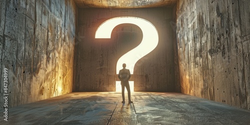 A person stands in front of a door with a question mark, considering their next move