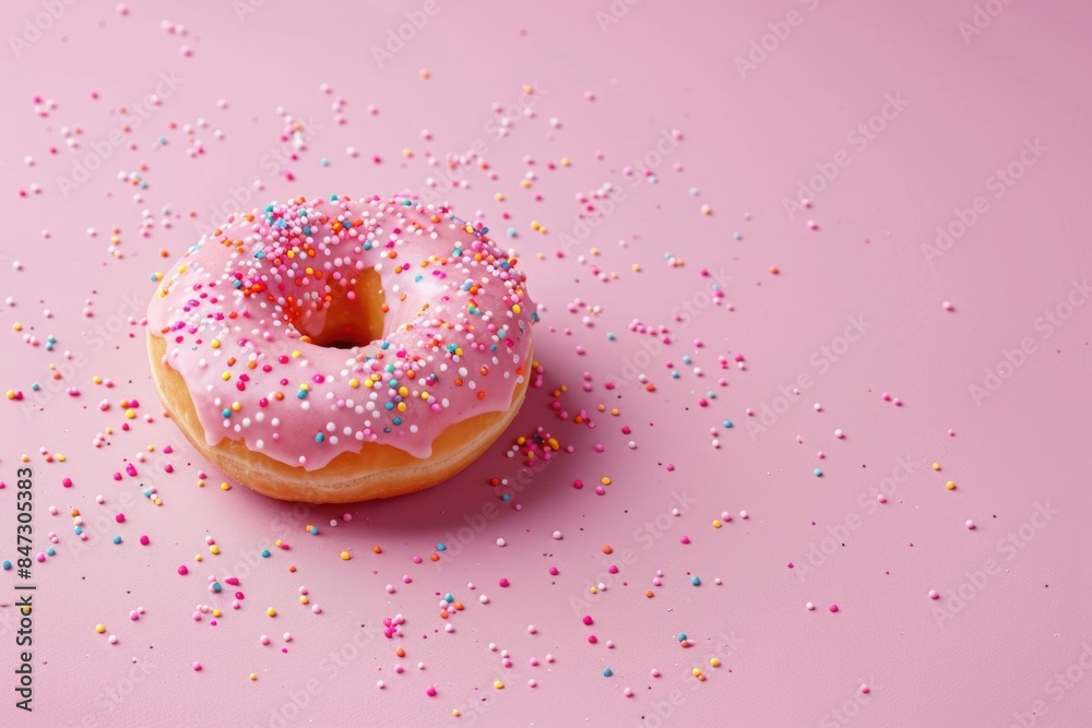 A delicious-looking pink donut with colorful sprinkles on a bright pink background, ideal for food, dessert or baking-related uses A delicious-looking pink donut with colorful sprinkles on a bright pink background, ideal for food, dessert or baking-related uses