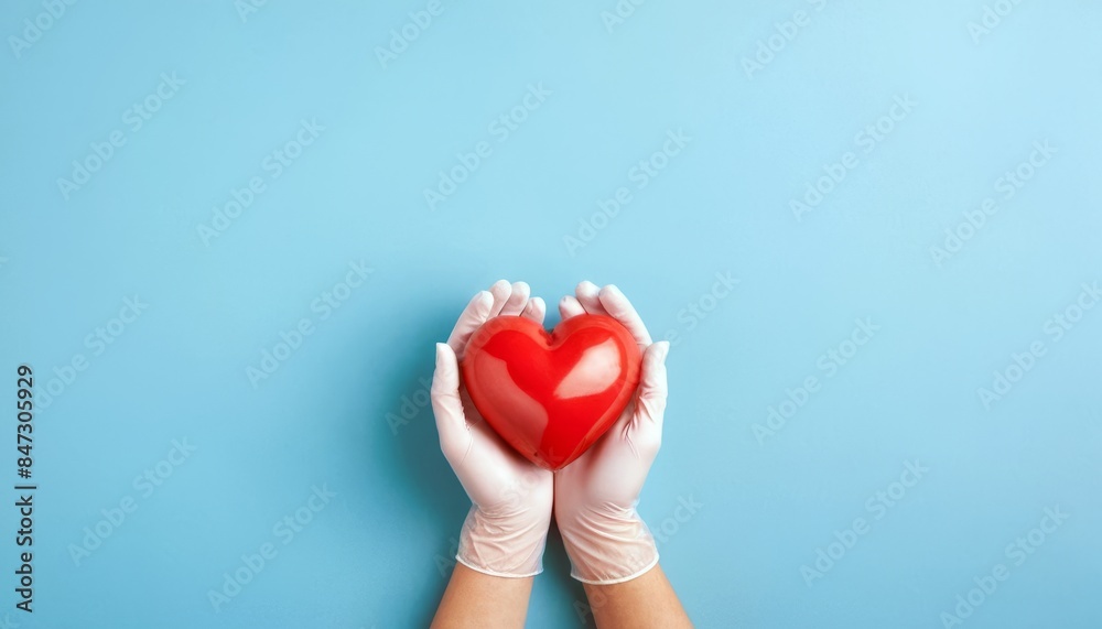 Hands in medical gloves holding a red heart on a blue background