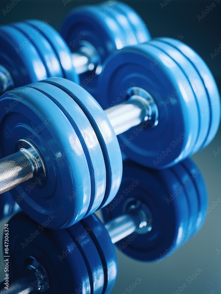 A group of blue dumbbells sitting on a table, great for fitness or exercise photoshoots A group of blue dumbbells sitting on a table, great for fitness or exercise photoshoots