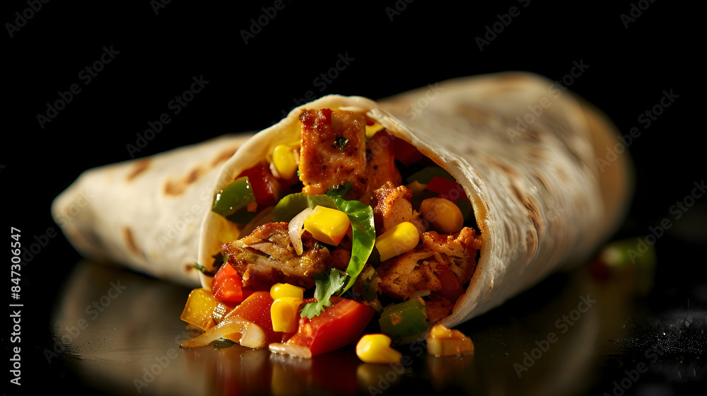 A freshly made fast food wrap with vibrant ingredients and a soft tortilla A freshly made fast food wrap with vibrant ingredients and a soft tortilla
