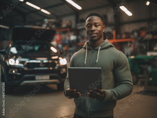 A person sitting in a garage surrounded by tools and machinery, holding a laptop photo