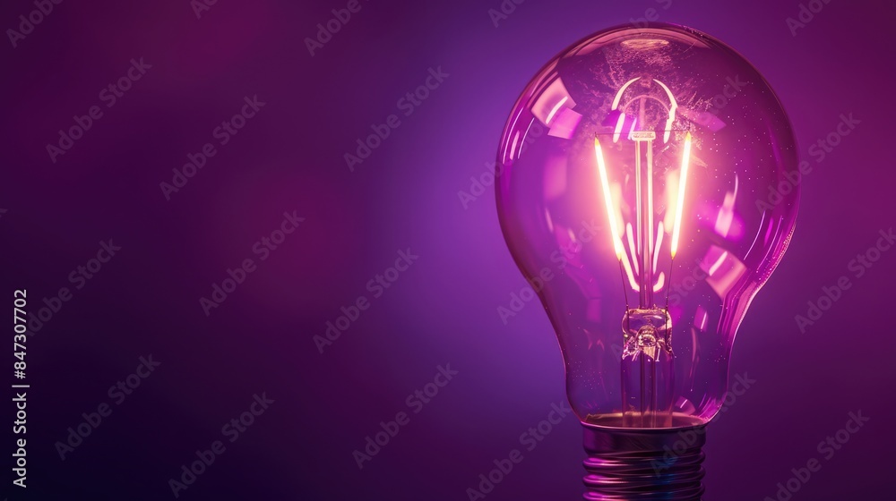 Subtle glow of a transparent light bulb on a deep purple background, ideal for copyspace