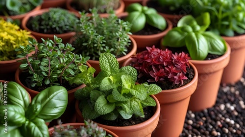 A row of potted plants with herbs and spices in them