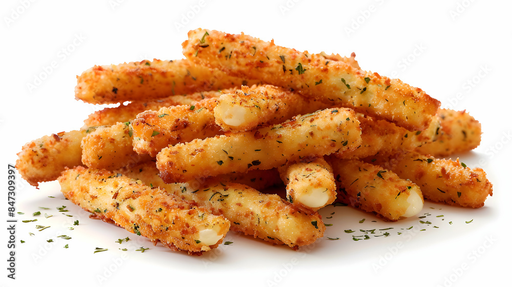 A pile of freshly cooked fast food mozzarella sticks, with a golden-brown color and crispy edges A pile of freshly cooked fast food mozzarella sticks, with a golden-brown color and crispy edges