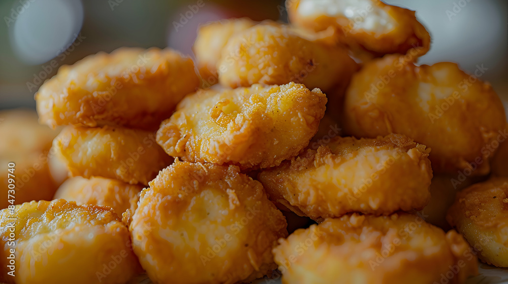 A pile of freshly cooked fast food chicken nuggets, with a golden-brown color and crispy edges A pile of freshly cooked fast food chicken nuggets, with a golden-brown color and crispy edges