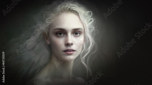Dramatic illustration of a blond woman with bare shoulders and an engaging expression. Natural cosmetics and skin care. Copy space.