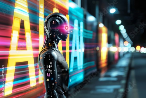 Robotic AI figure with glowing neon lights in a vibrant cityscape, symbolizing advanced technology, innovation, and dynamic interaction in a high tech, urban setting