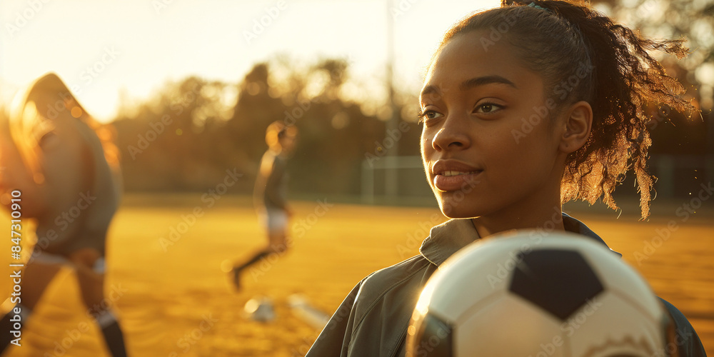 Happy Black Soccer Girl Playing Football in Sunshine Happy Black Soccer Girl Playing Football in Sunshine