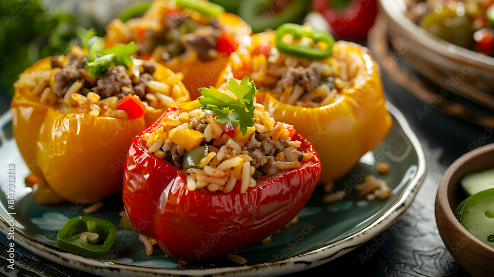 A plate of colorful fast food stuffed peppers filled with rice, meat, and vegetables A plate of colorful fast food stuffed peppers filled with rice, meat, and vegetables