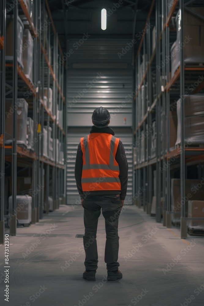 A person wearing an orange safety vest stands in a large storage facility A person wearing an orange safety vest stands in a large storage facility