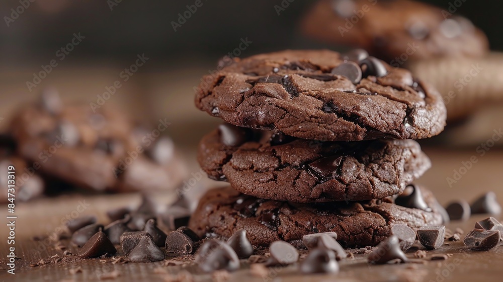 A stack of freshly baked chocolate chip cookies on a wooden table, perfect for snacking or serving A stack of freshly baked chocolate chip cookies on a wooden table, perfect for snacking or serving