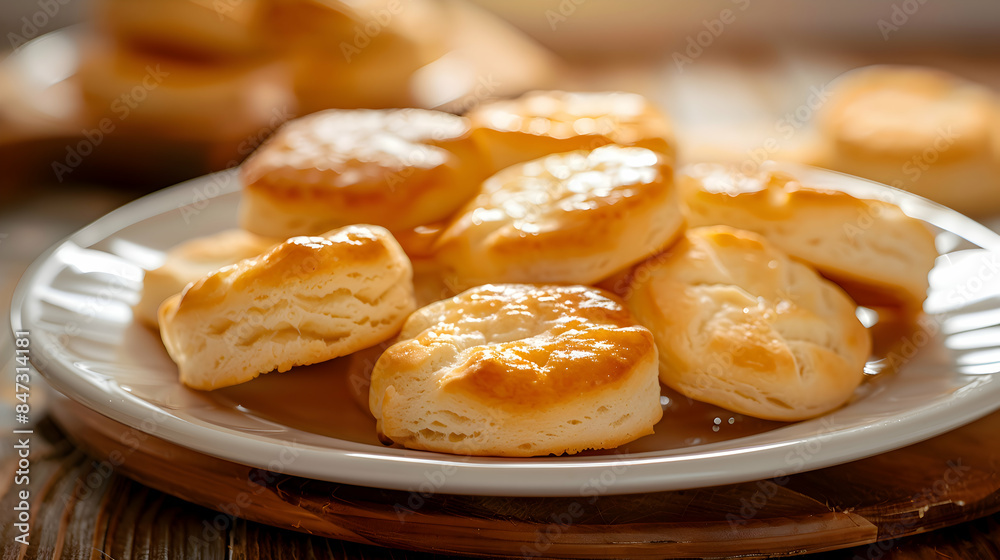 A plate of freshly baked fast food biscuits with a golden crust and soft interior