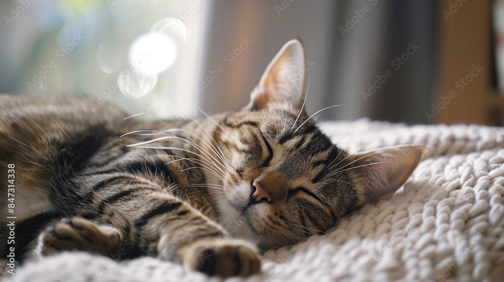 Sleeping Tabby Cat on a Knit Blanket Sleeping Tabby Cat on a Knit Blanket