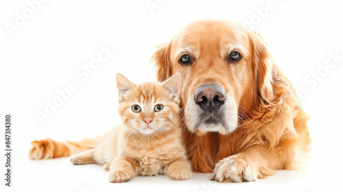 a golden retriever and a little yellow cat looking at the camera,white background.