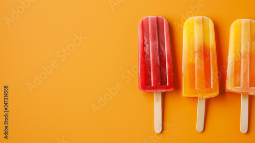Photo of three Popsicle of different color, colorful background, summer theme
